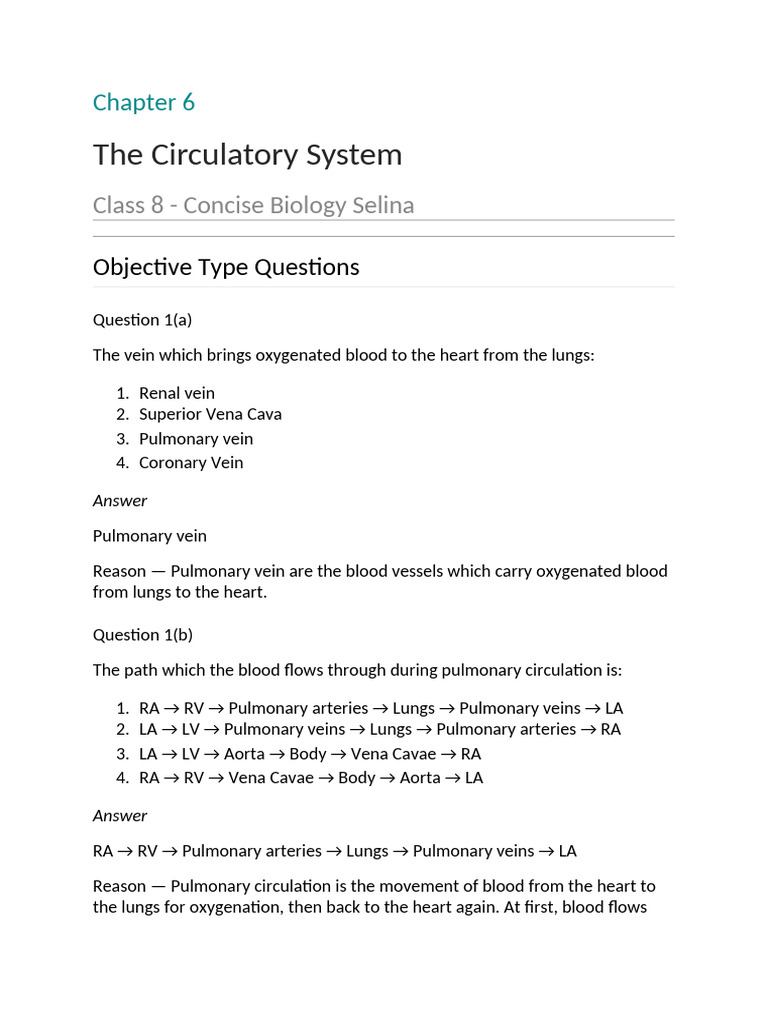Class 8 Circulatory System Overview | PDF | Circulatory System | Heart