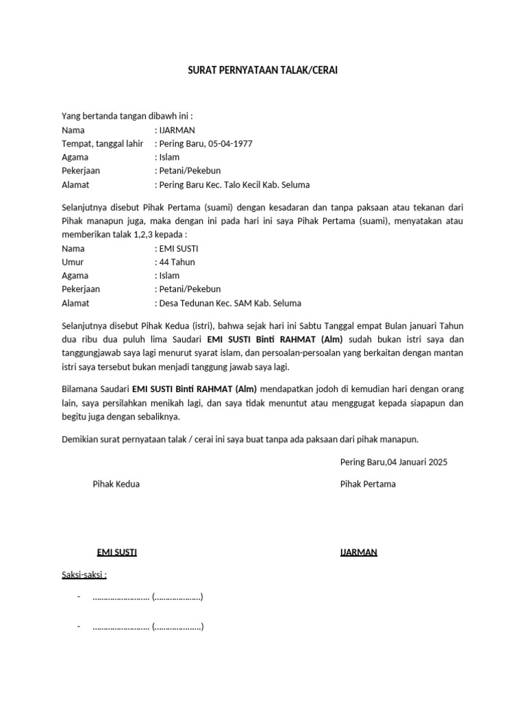 Surat Talak Cerai IJARMAN dan EMI SUSTI | PDF