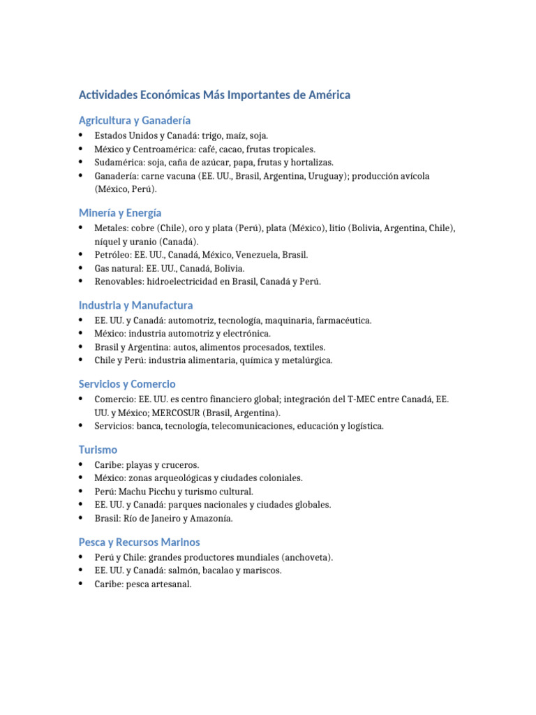 Principales Actividades Económicas en América | PDF