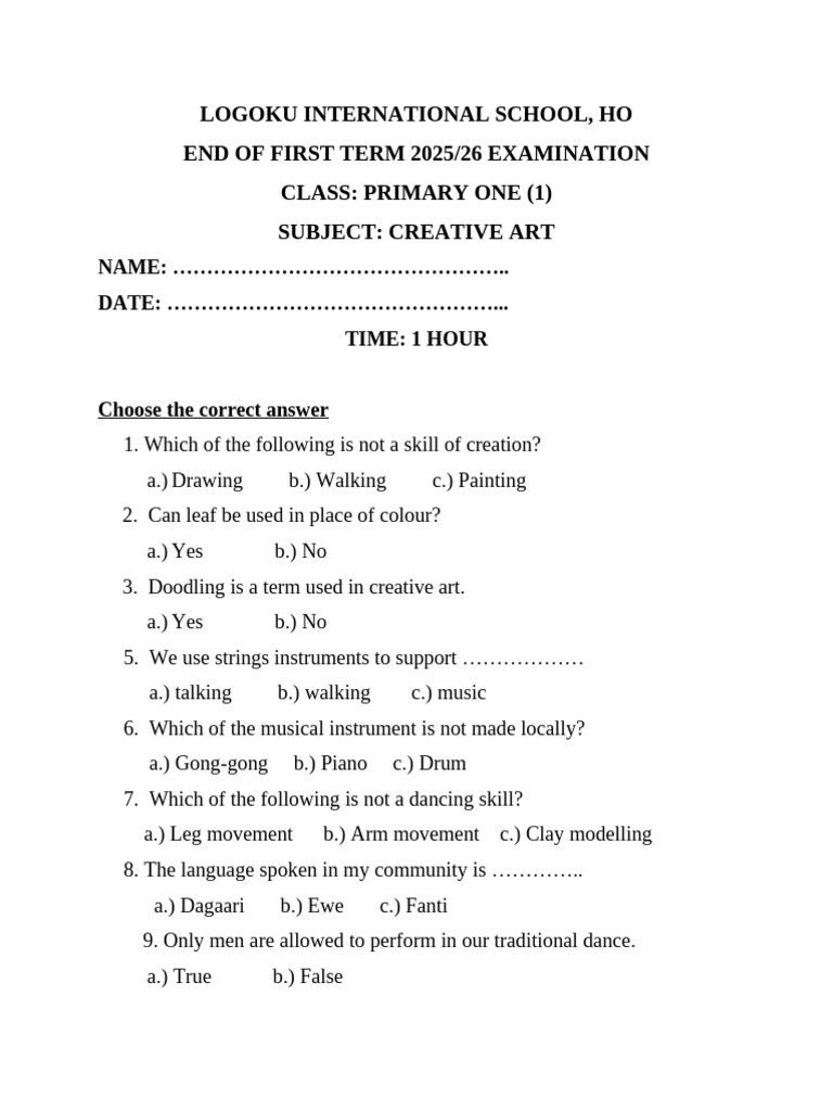 Primary One Creative Art Exam 2025/26 | PDF