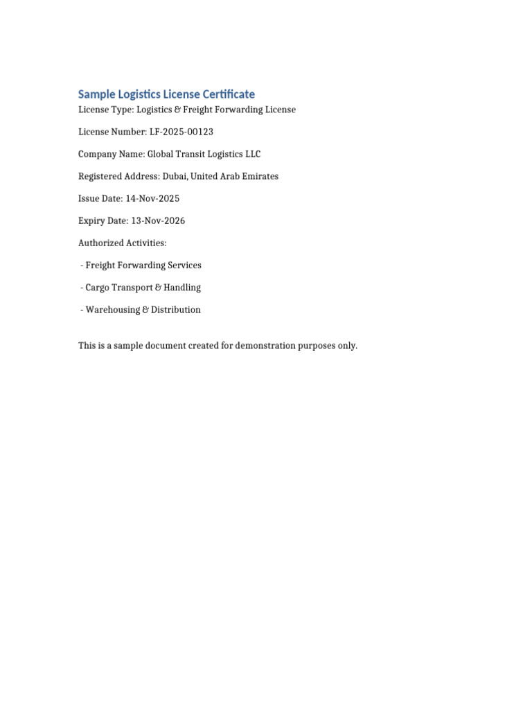 Sample Logistics License Certificate | PDF