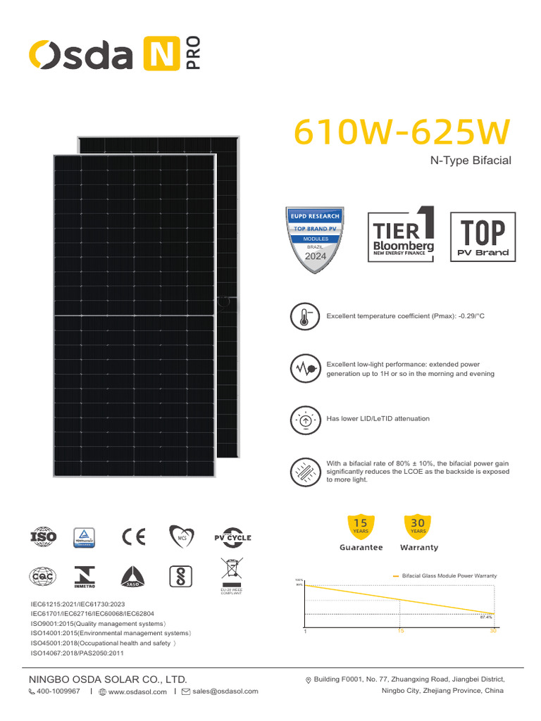 OSDA 610W Bifacial Module Specs | PDF | Electricity | Electrical ...