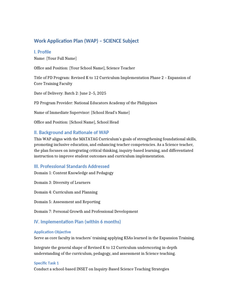 Science Teacher Work Application Plan | PDF | Curriculum | Teachers