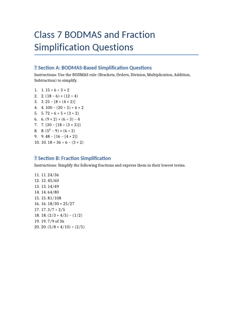 BODMAS and Fraction Simplification Quiz | PDF
