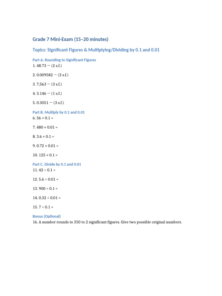Grade 7 Exam: Significant Figures & Operations | PDF