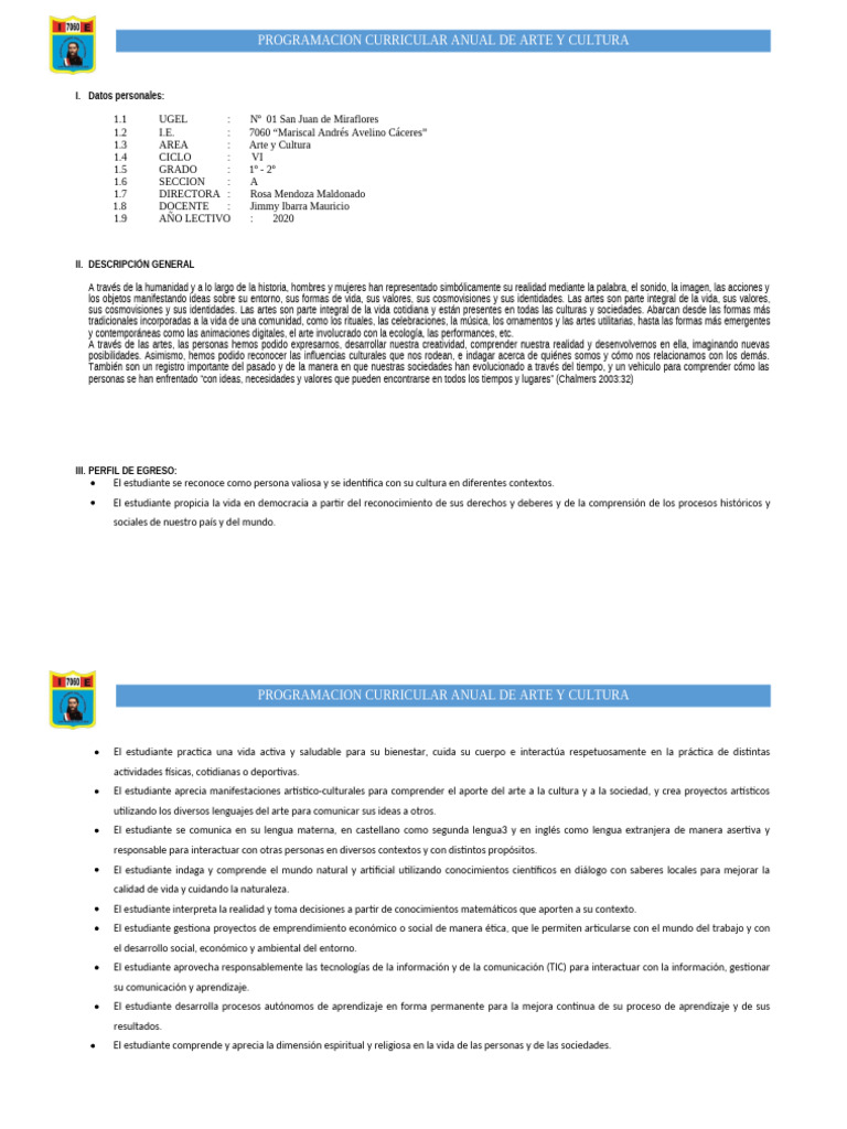 Programación Curricular de Arte y Cultura | PDF | Enseñando | Bailes