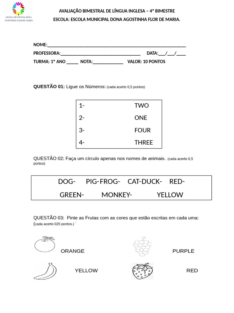 Avaliação de Inglês 4º Bimestre 1º Ano | PDF