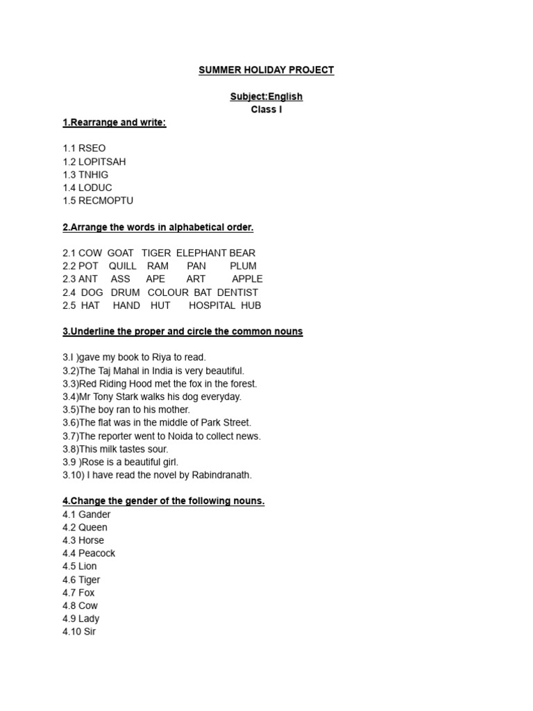English Homework For The Summer Vacation | PDF