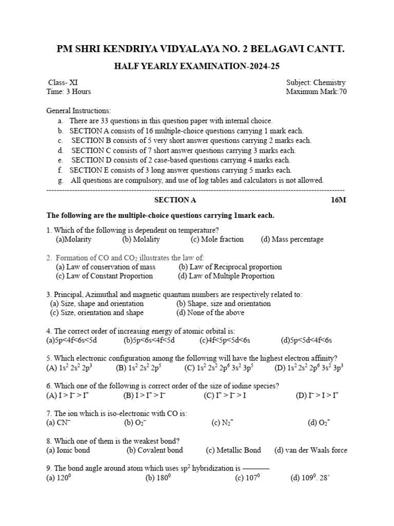 Class XI Chemistry Half-Yearly Exam 2024 | PDF | Atoms | Proton