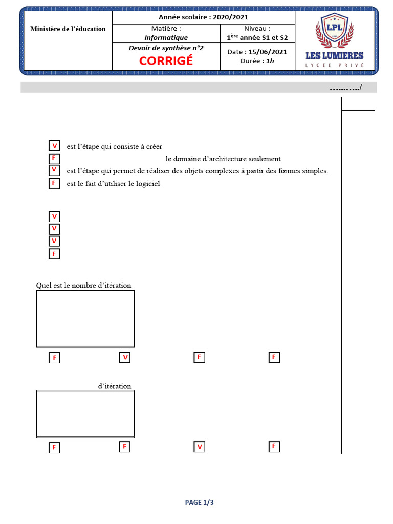 Corrigé Devoir Informatique 1ère S1/S2 | PDF | Secteur d'activité du ...