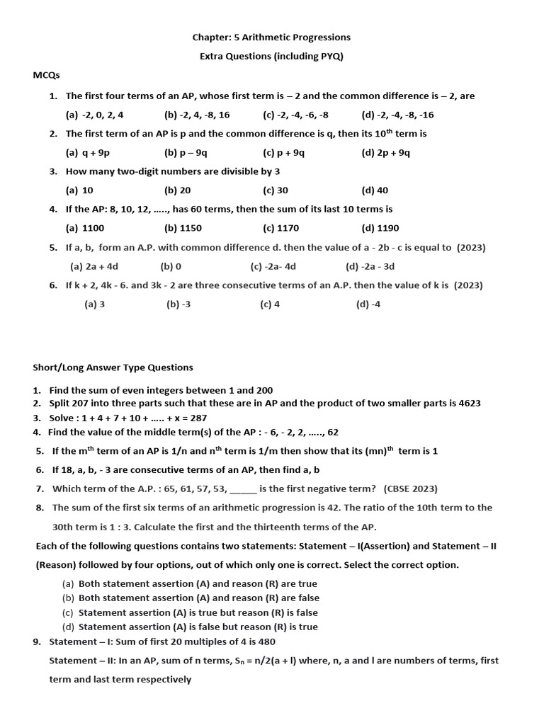 Extra Questions on Arithmetic Progressions | PDF | Discrete Mathematics ...