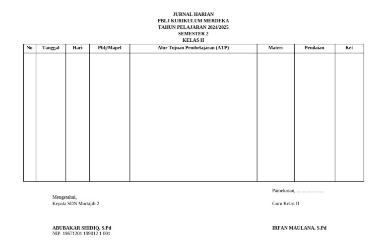 Jurnal Harian Kelas II Kurikulum Merdeka | PDF