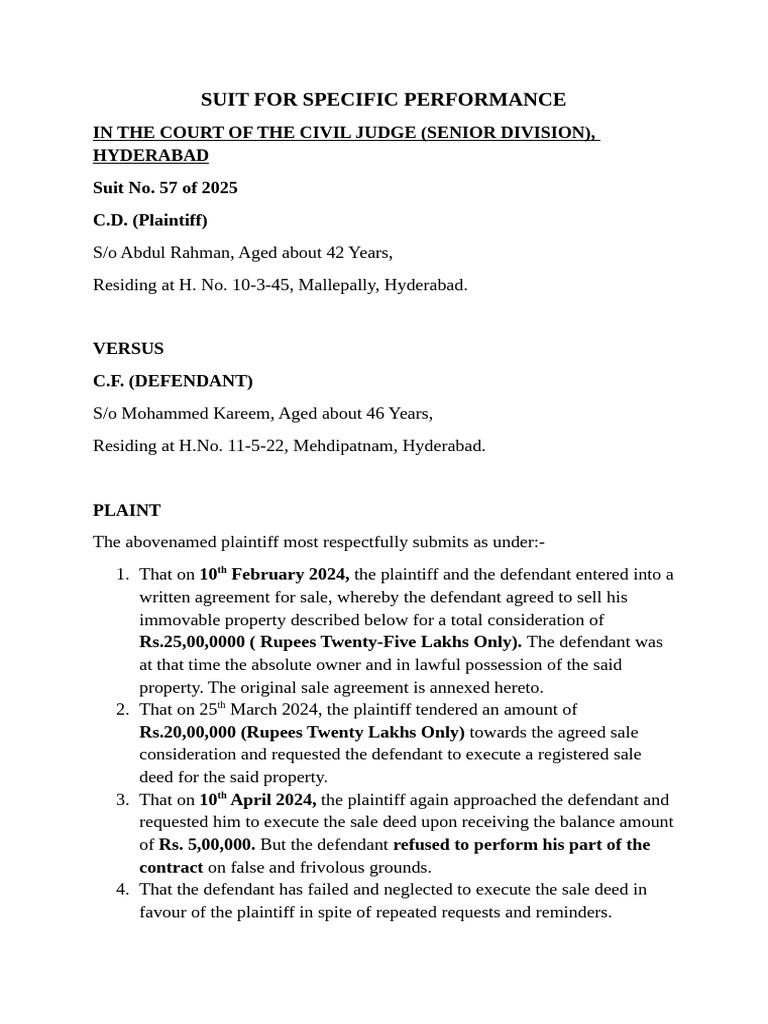 Specific Performance Suit in Hyderabad | PDF | Lawsuit | Civil Law ...