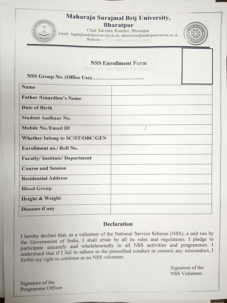 NSS Enrollment Form - MS Brij University | PDF