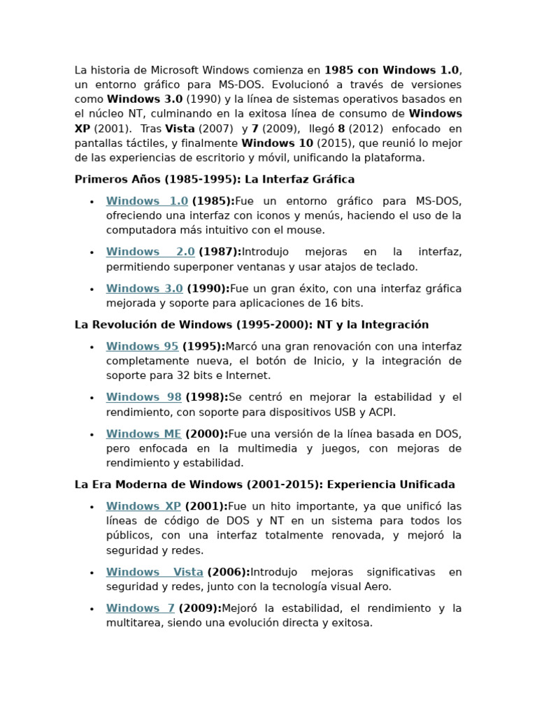 Evolución de Microsoft Windows (1985-2015) | PDF