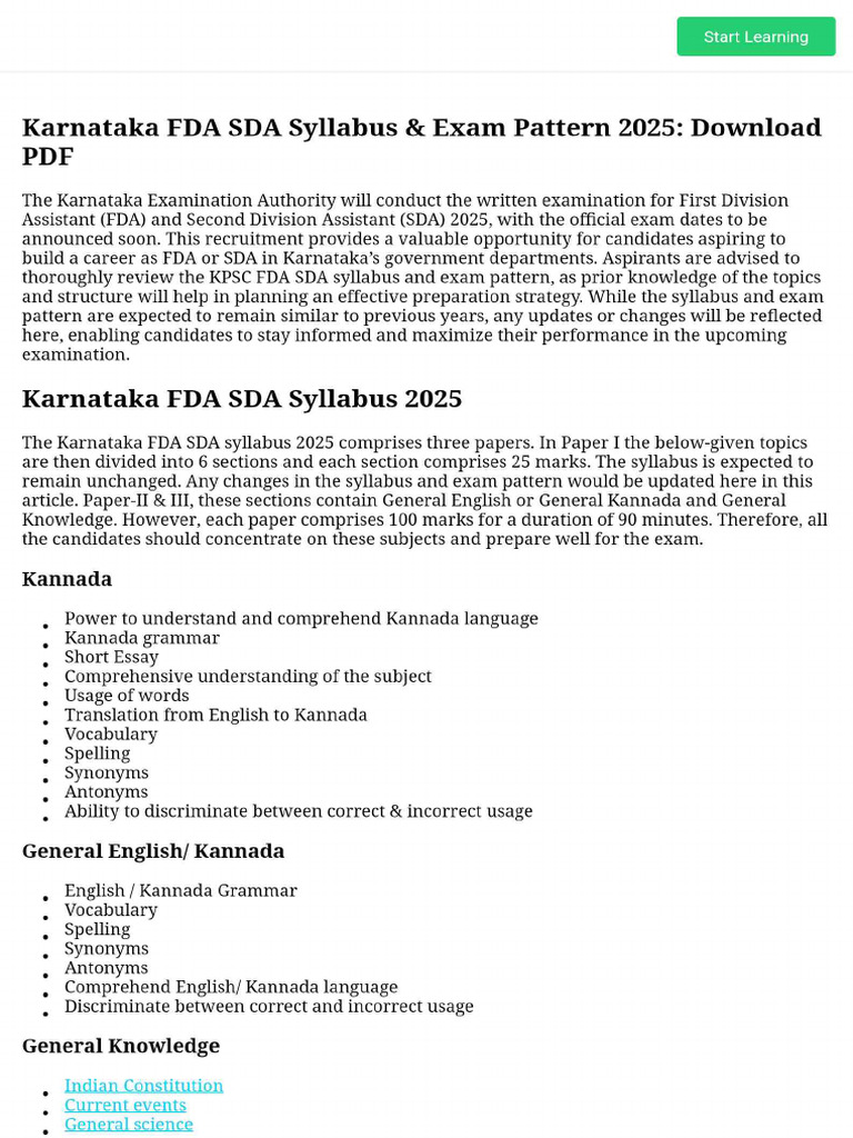 Karnataka FDA SDA Syllabus & Exam Pattern 2025 - Download PDF | PDF