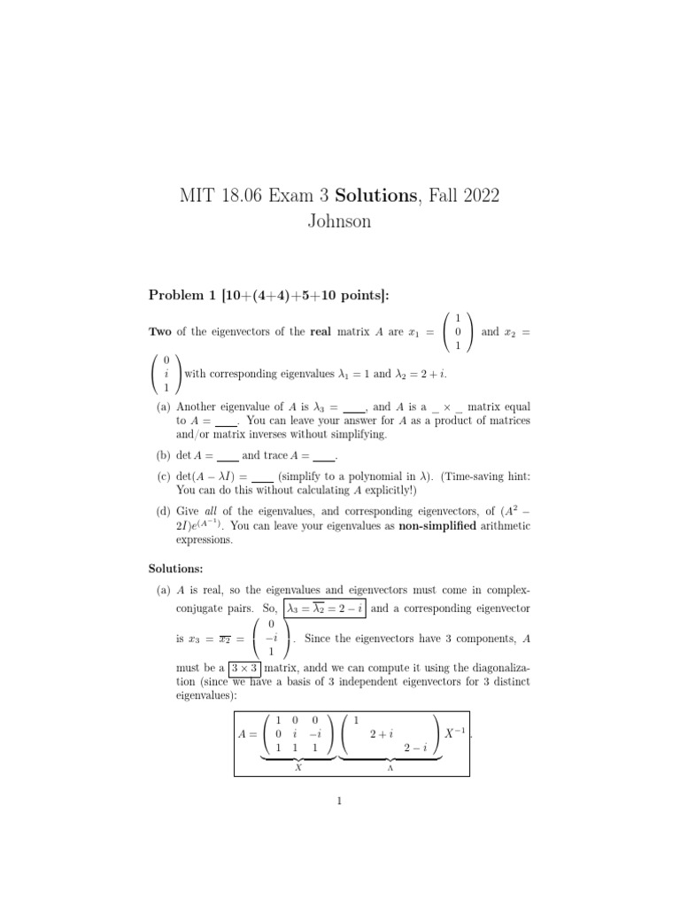 MIT 18.06 Fall 2022 Exam 3 Solutions | PDF | Eigenvalues And ...