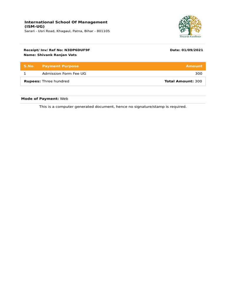 ISOM (-Admission Form Fee UG-Invoice | PDF