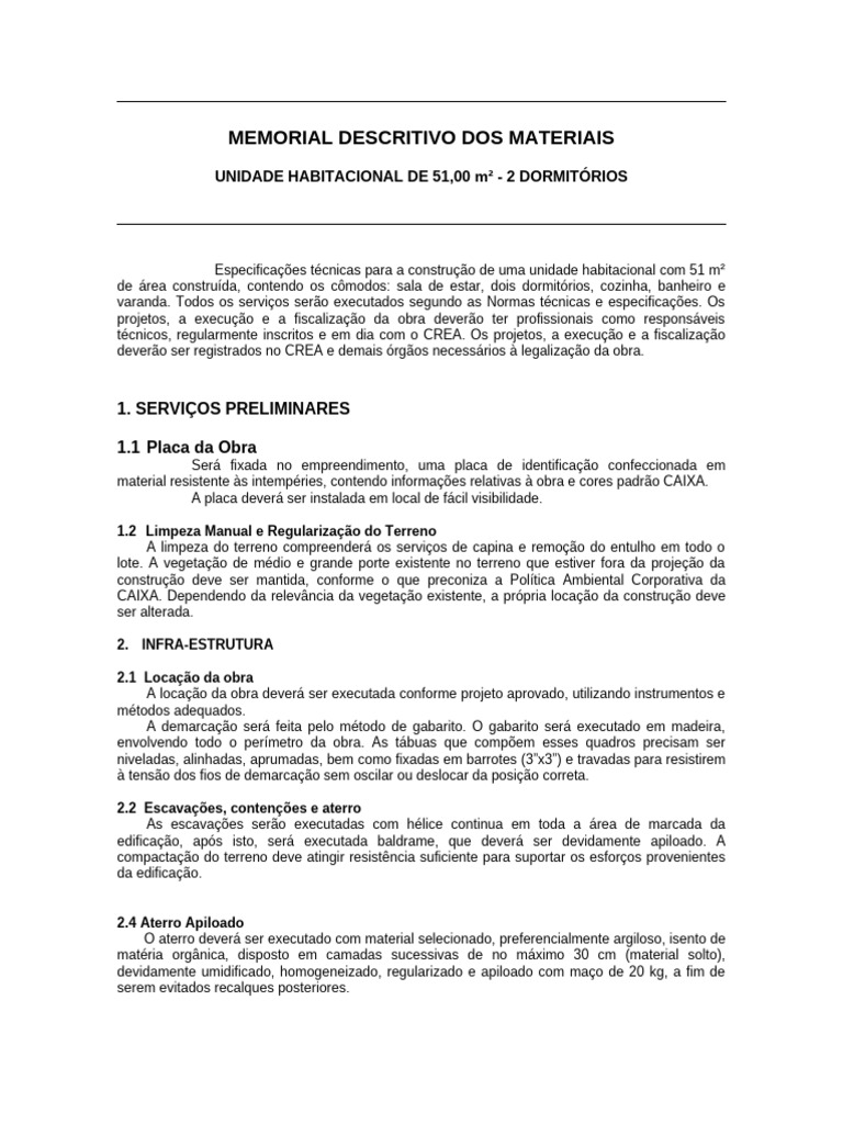 Memorial Descritivo: Unidade Habitacional 51m² | PDF | Tinta ...