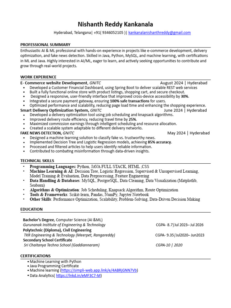 Nishanth Reddy Resume 9346052105 | PDF | Machine Learning | Web Development