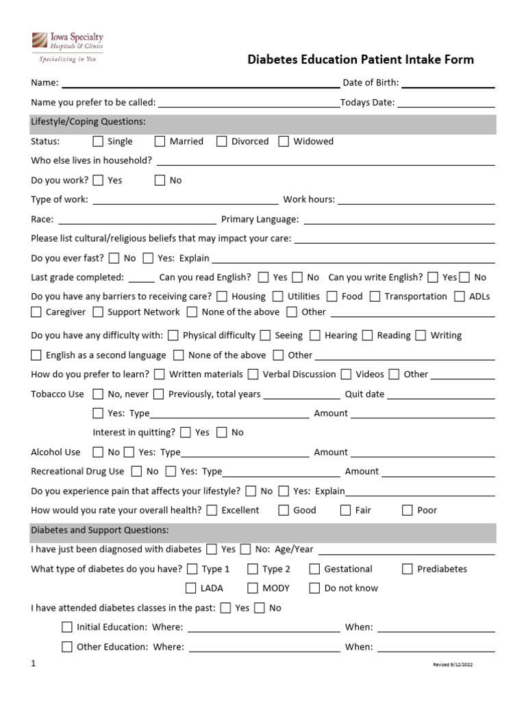 Diabetes Education Intake Form | PDF | Diabetes | Fat
