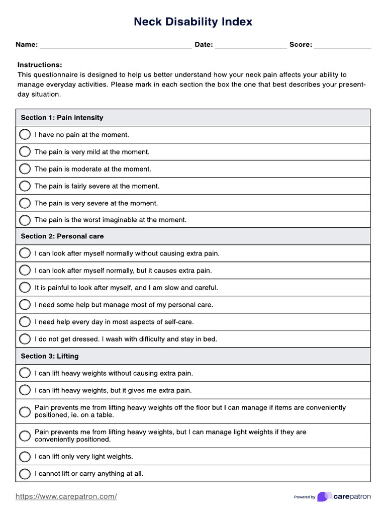 Neck Disability Index Questionnaire | PDF | Headache | Pain