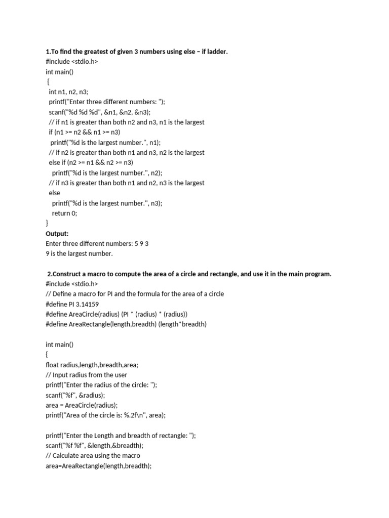 C Programs for Basic Operations and File Handling | PDF | Area ...