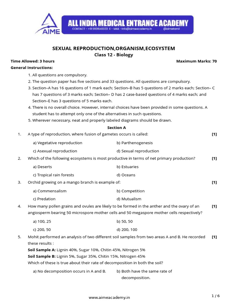 Class 12 Biology: Sexual Reproduction & Ecosystems Exam | PDF | Primary ...