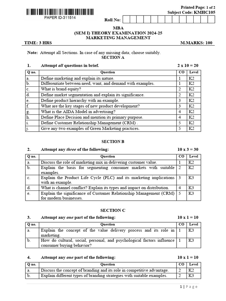 MBA Marketing Management Exam 2024-25 | PDF | Marketing | Brand