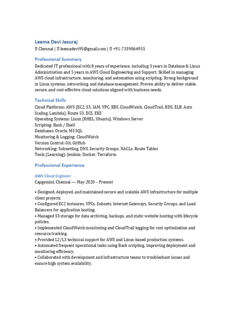 AWS Cloud Engineer & Linux Admin Resume | PDF | Cloud Computing ...