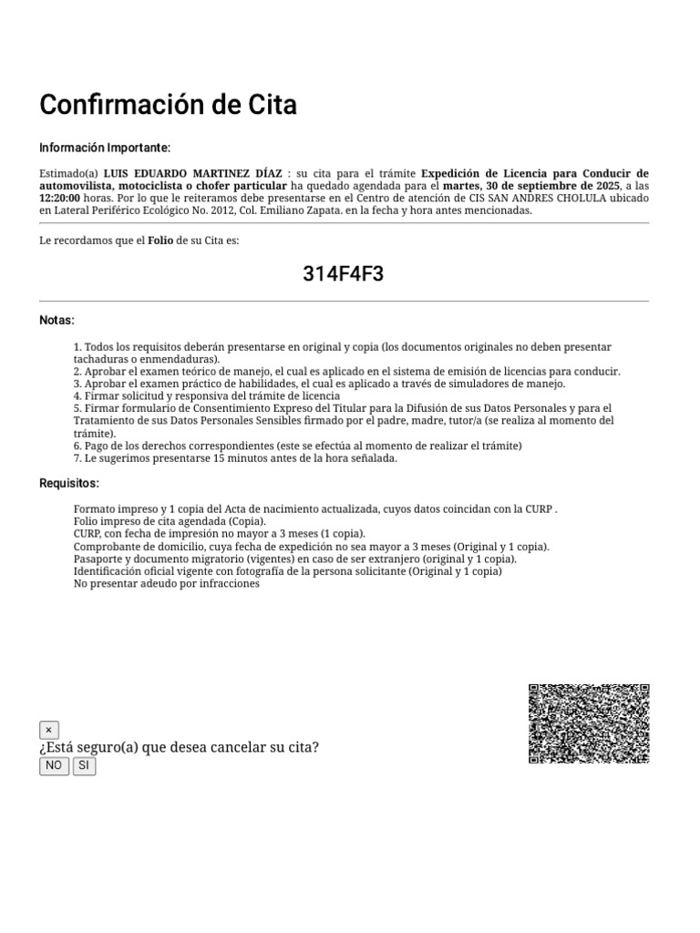 Confirmación de Cita para Licencia de Conducir | PDF