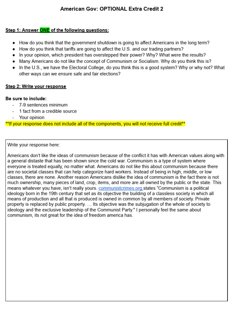 American Gov - OPTIONAL Extra Credit 2 | PDF