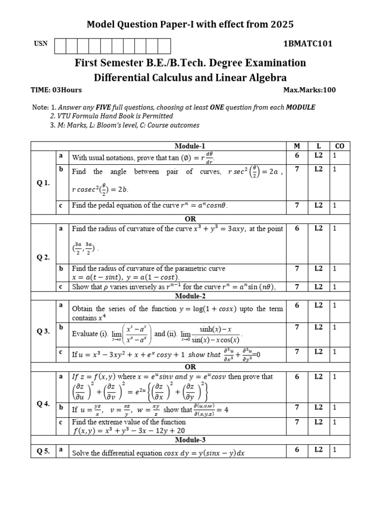 Model Question Paper for B.E./B.Tech 2025 | PDF | Mathematical Analysis ...