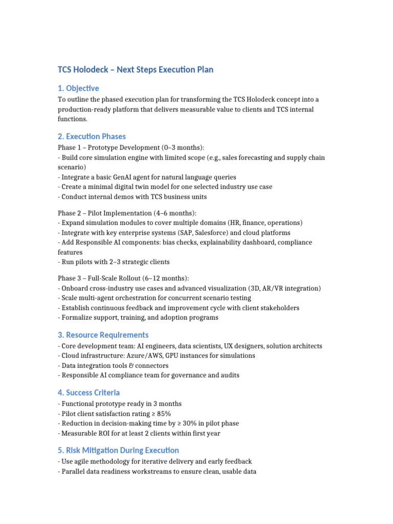 TCS Holodeck Next Steps Execution Plan | PDF