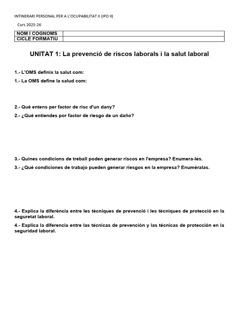 Ipo I - Preguntes Unitat 1 L I La Salut Laboral | PDF