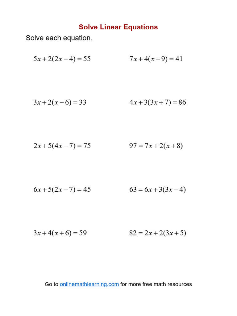 Linear Equation Worksheet 1 | PDF