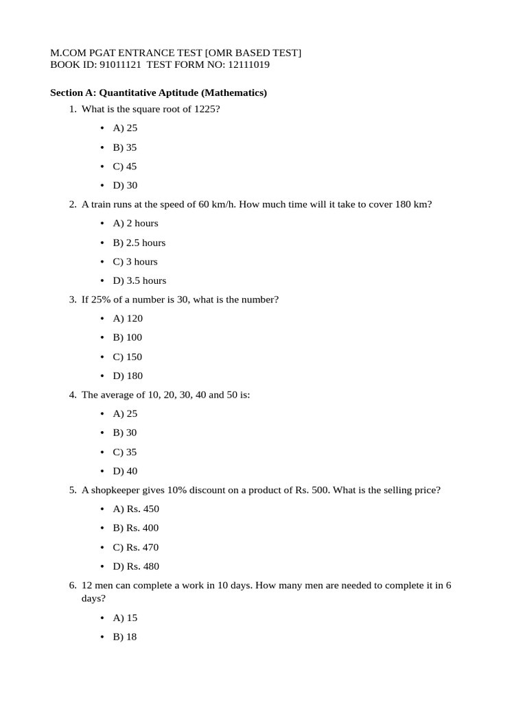 M.Com PGAT Entrance Test Questions | PDF | Demand | Expense