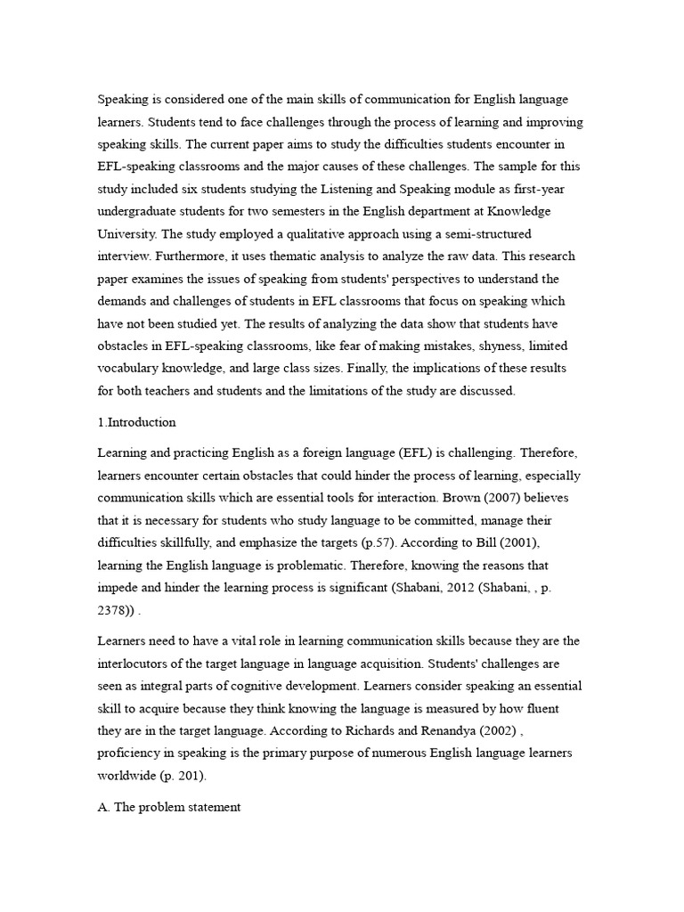 Challenges in EFL Speaking Classrooms | PDF | English As A Second Or ...