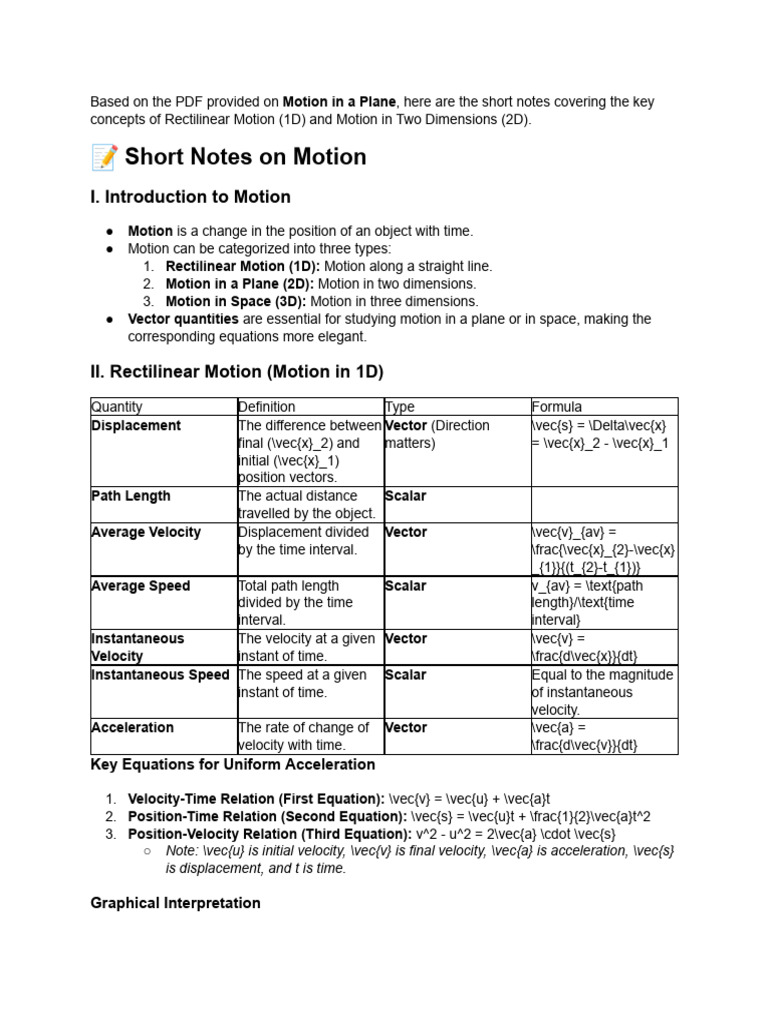 Key Concepts of Motion in 1D and 2D | PDF | Velocity | Acceleration