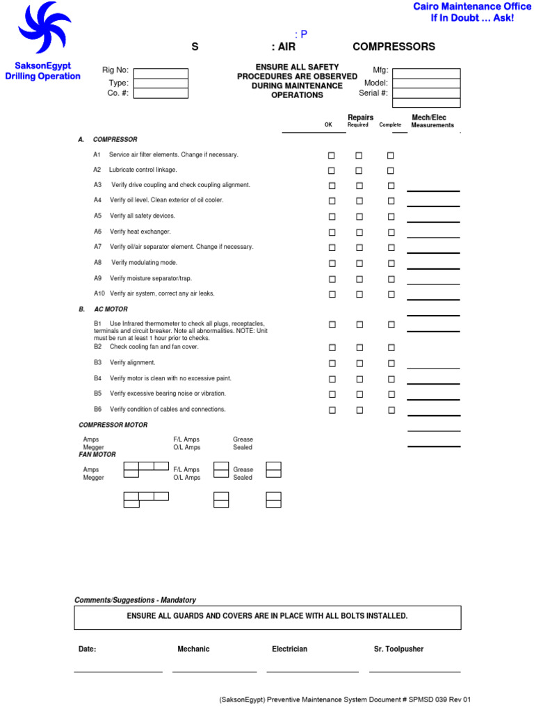 Preventive Maintenance Checklist for Compressors | PDF | Mechanical ...