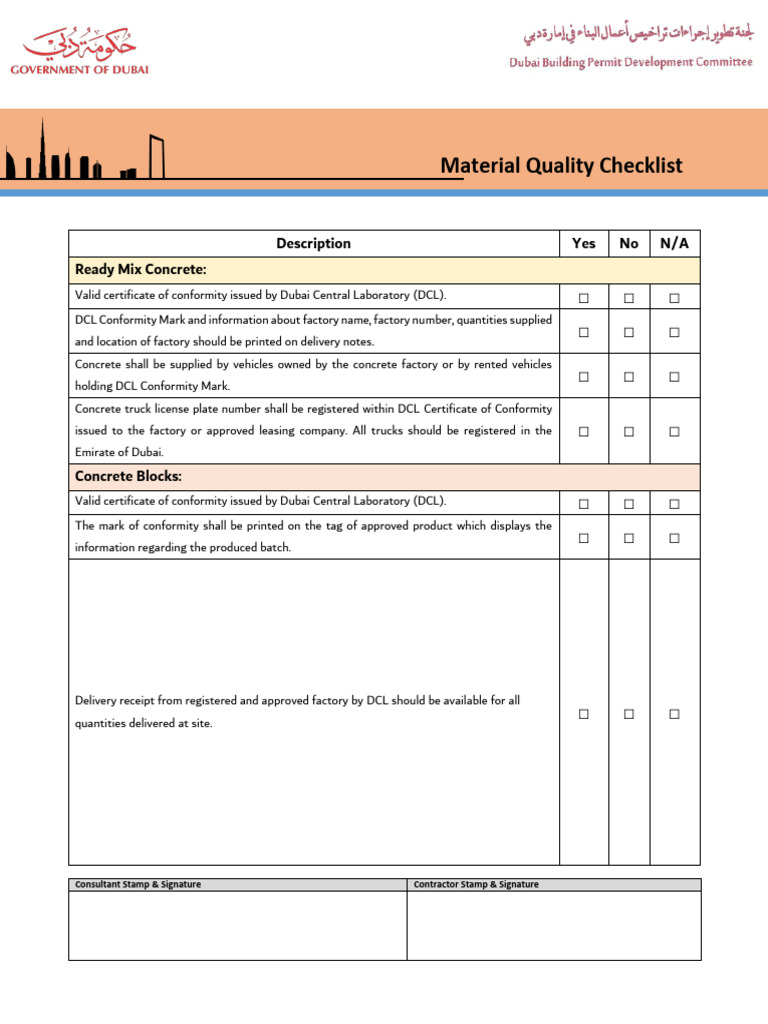 DDA Material Quality Checklist | PDF | Concrete | Civil Engineering