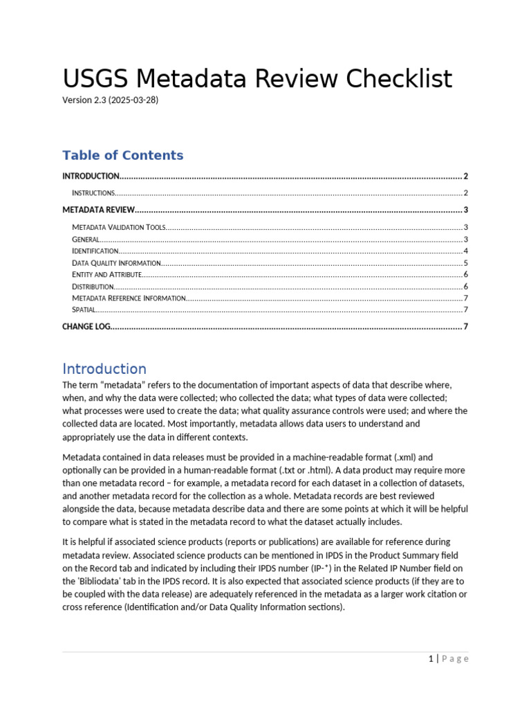 USGS Metadata Review Checklist 2.3 | PDF | Metadata | Data