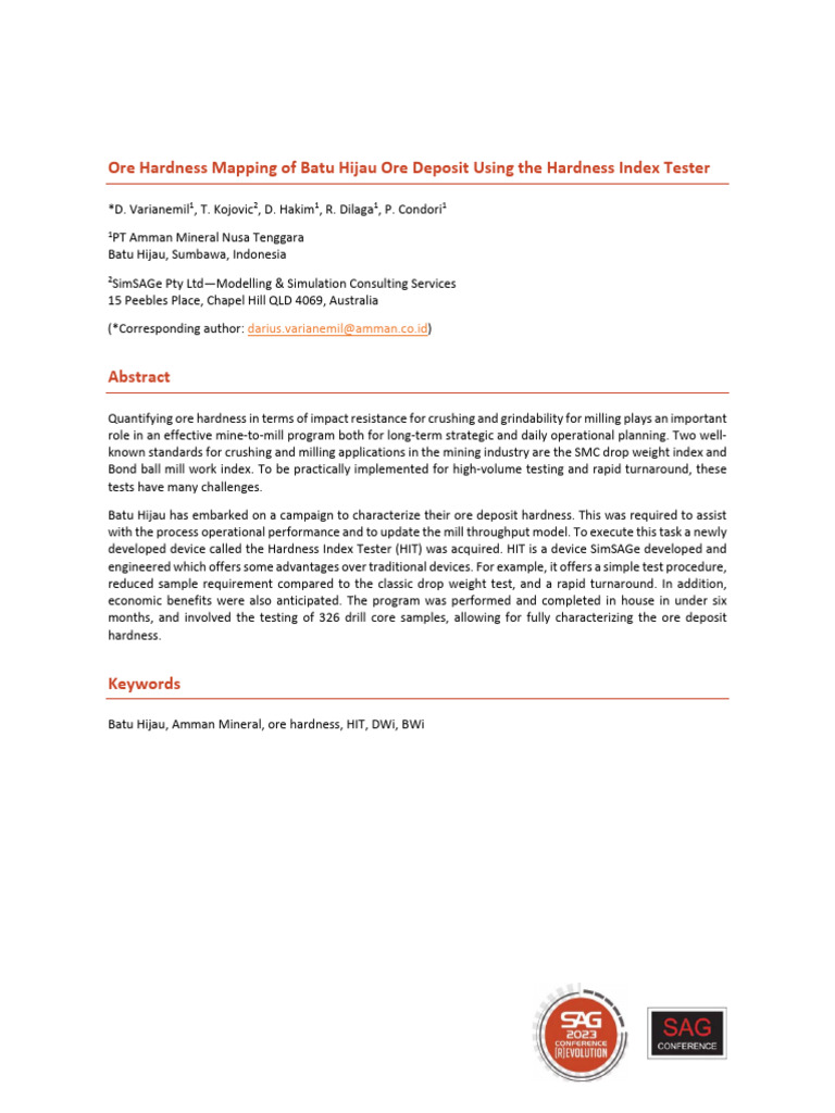 Batu Hijau Ore Hardness Mapping Study | PDF | Mill (Grinding) | Igneous ...