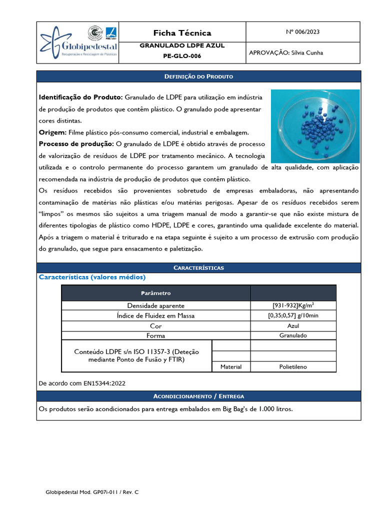 Granulado LDPE Azul: Ficha Técnica 2023 | PDF | Desperdício | Plástico