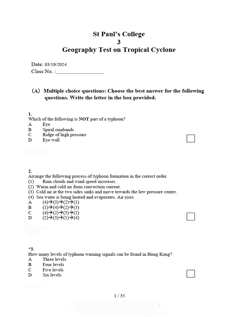 Geography Test: Tropical Cyclones | PDF | Tropical Cyclones | Rain