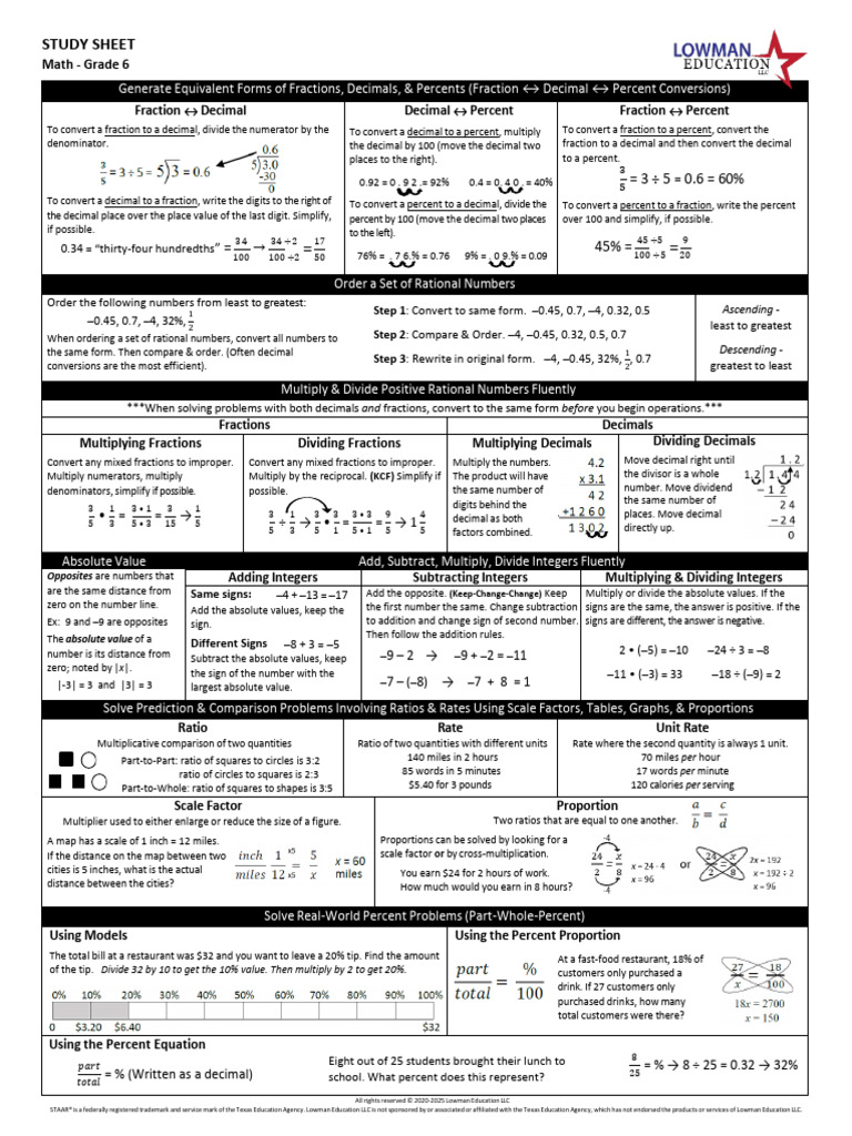 Study Sheet (2025-2026) - Math. 6th Grade | PDF | Numbers | Mathematics
