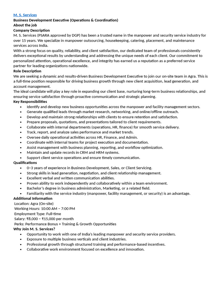 Business Development Executive (Operations & Coordination) JD | PDF ...