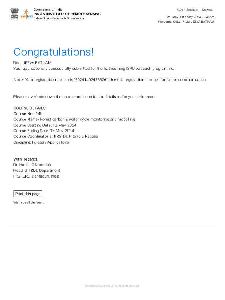 ISRO Course Registration Confirmation | PDF