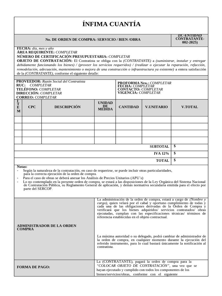 Orden de Compra de Ínfima Cuantía | PDF | Multa (pena) | Presupuesto