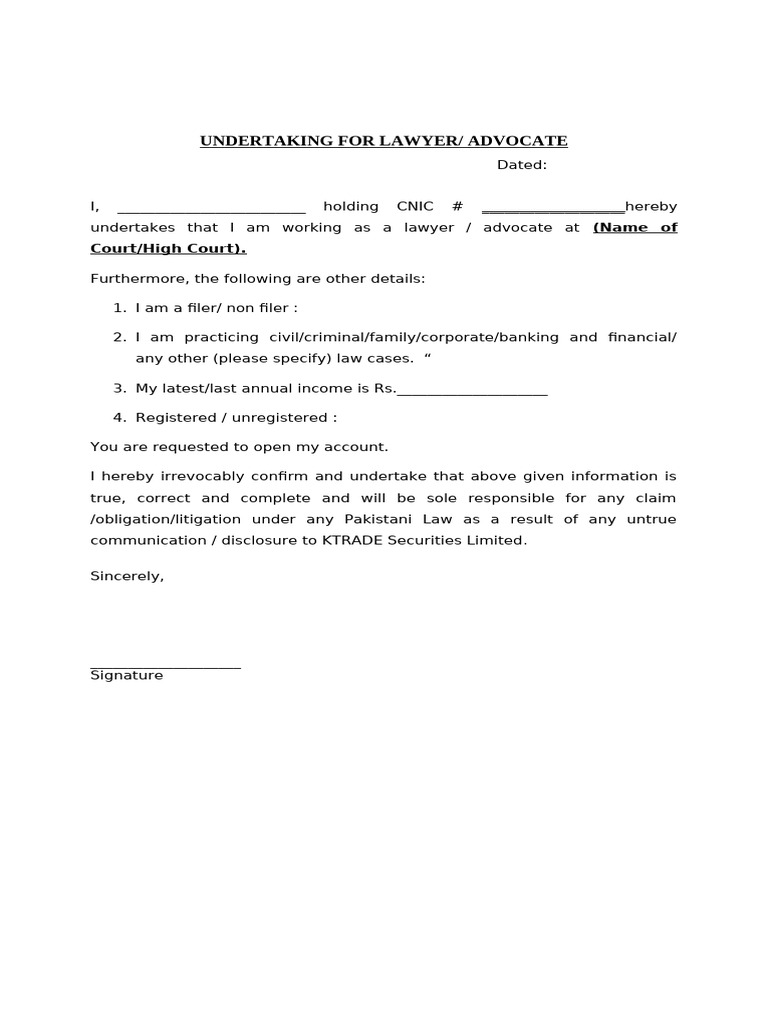 Lawyer Advocate Undertaking Template | PDF